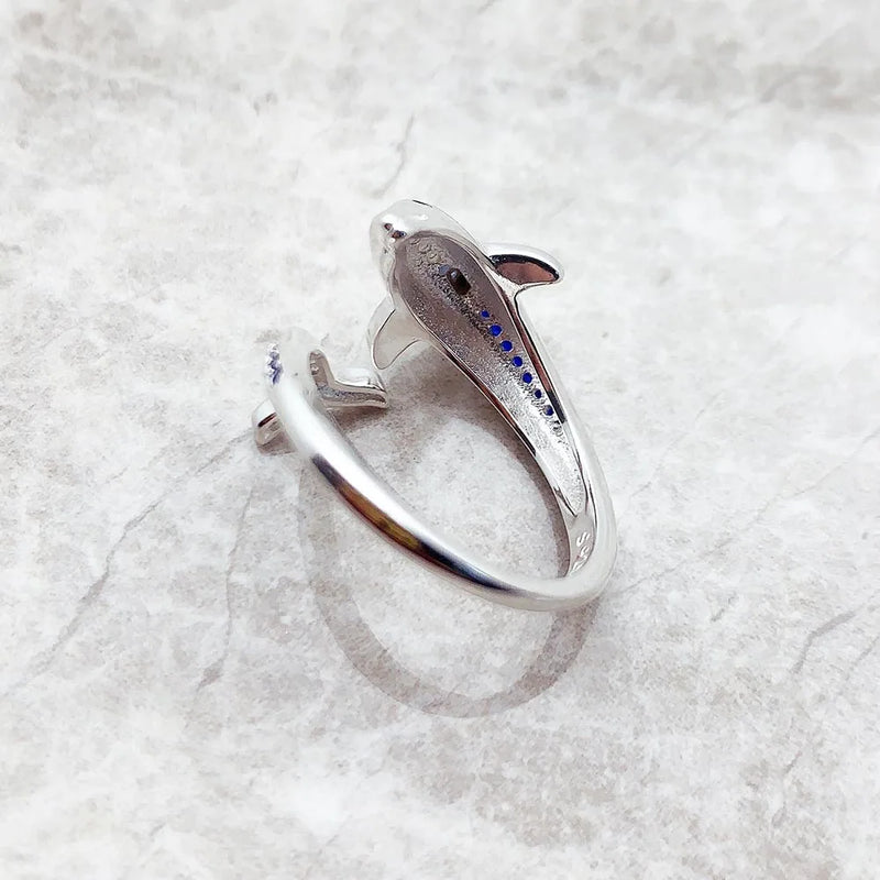 925 Sterling Silver Ring Dolphin with Blue Stones for Women