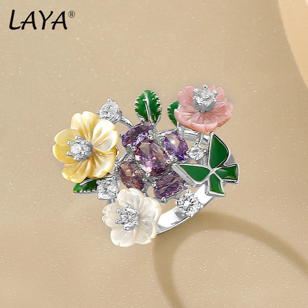 Sterling Silver Pink Shell Flower Zircon Enamel Ring for Women