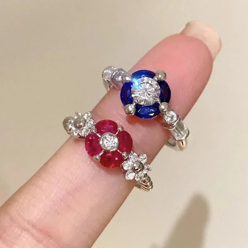 925 Sterling Silver Lab Sapphire Ruby High Carbon Diamonds Gemstone Flower Rings