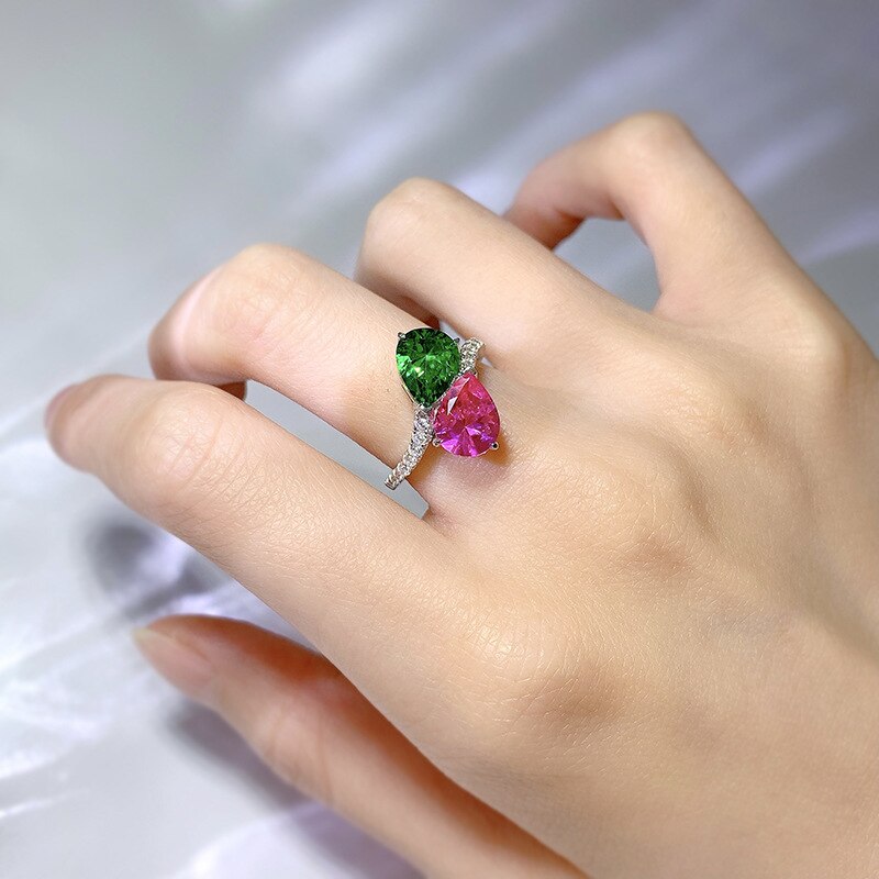 925 Sterling Silver Pear Cut 2 ctw Green Red High Carbon Diamond Rings for Women