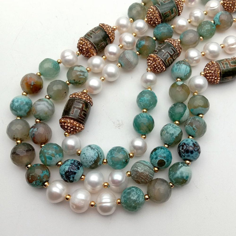 Sterling Silver 3 Rows Freshwater Cultured White Pearl Green Agate 0.50 ctw Dzi Agate Necklace for Women