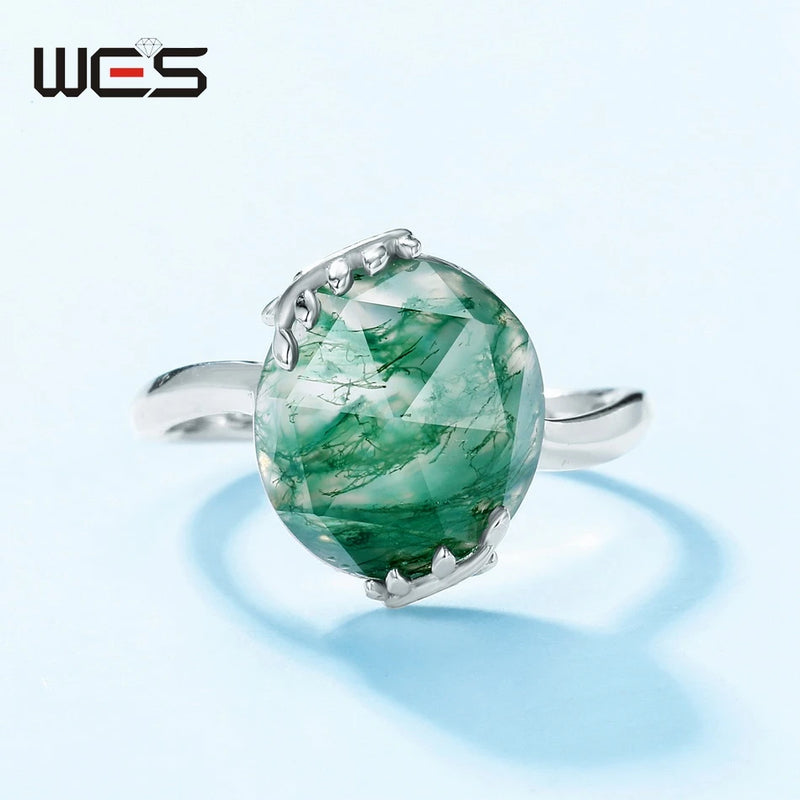 Sterling Silver Green Moss Agate Ring for Woman