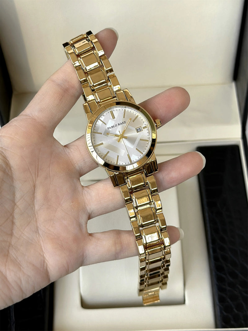 Elegant Gold Stainless Steel Ladies' Watch with Date Display & Waterproof Design