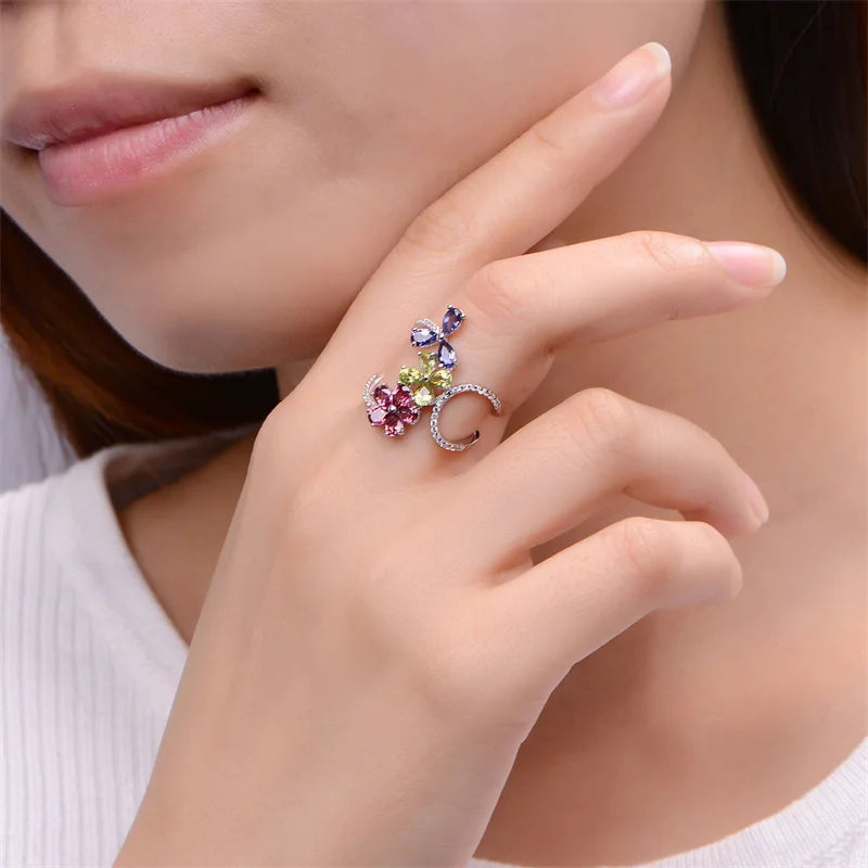 925 Sterling Silver Natural Garnet & Peridot Multi Gemstone Flower Ring for Women