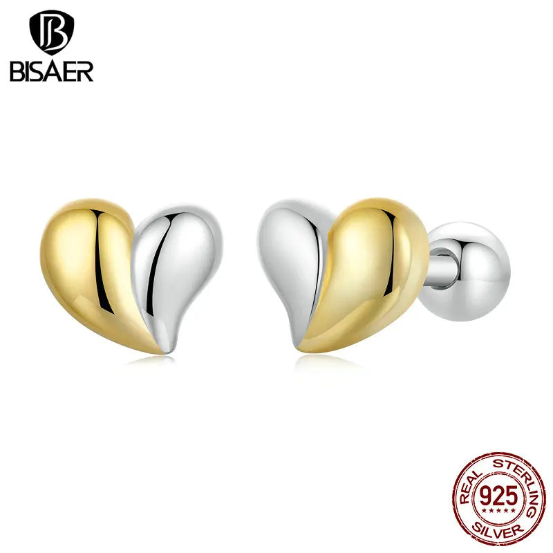 925 Sterling Silver Two-tone Mini Heart Stud Earrings for Women