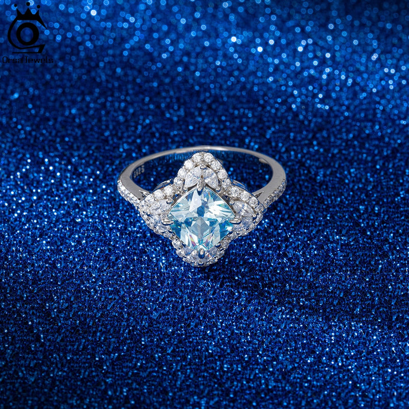 925 Sterling Silver Created Aquamarine CZ Halo Ring for Women