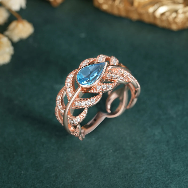 Rose Gold Plated Sterling Silver Swiss Blue Topaz Leaf Opening Ring for Women