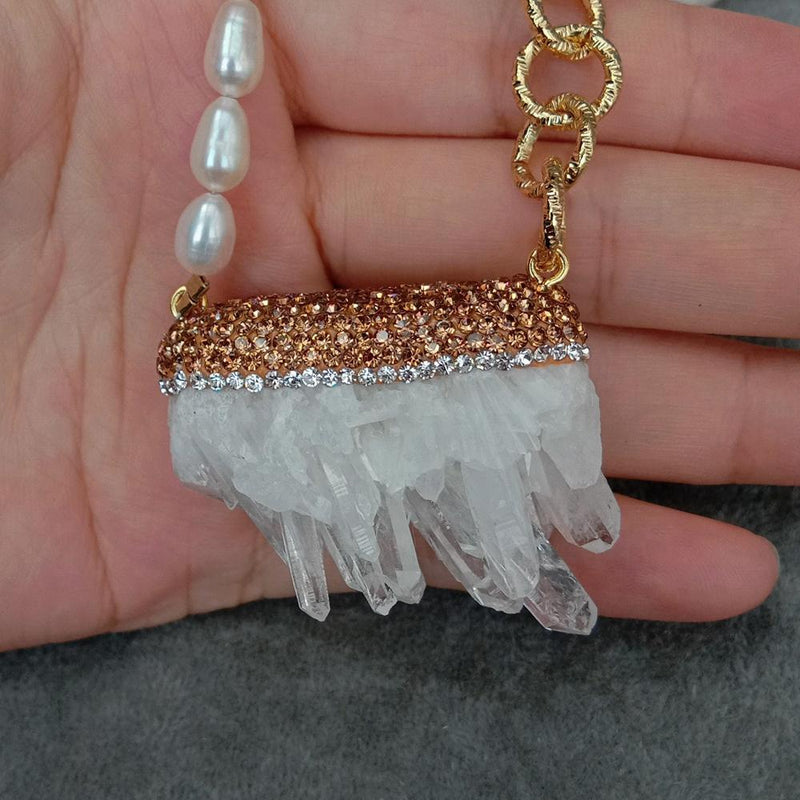 Y.YING Freshwater Cultured White Rice Pearl Biwa Pearl Necklace Natural Quartz Druzy Pendant Gemstone Handmade Jewelry