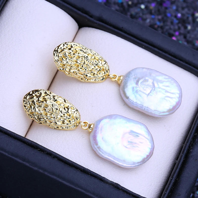 18K Gold Plated Baroque Freshwater Pearl Drop Earrings for Women