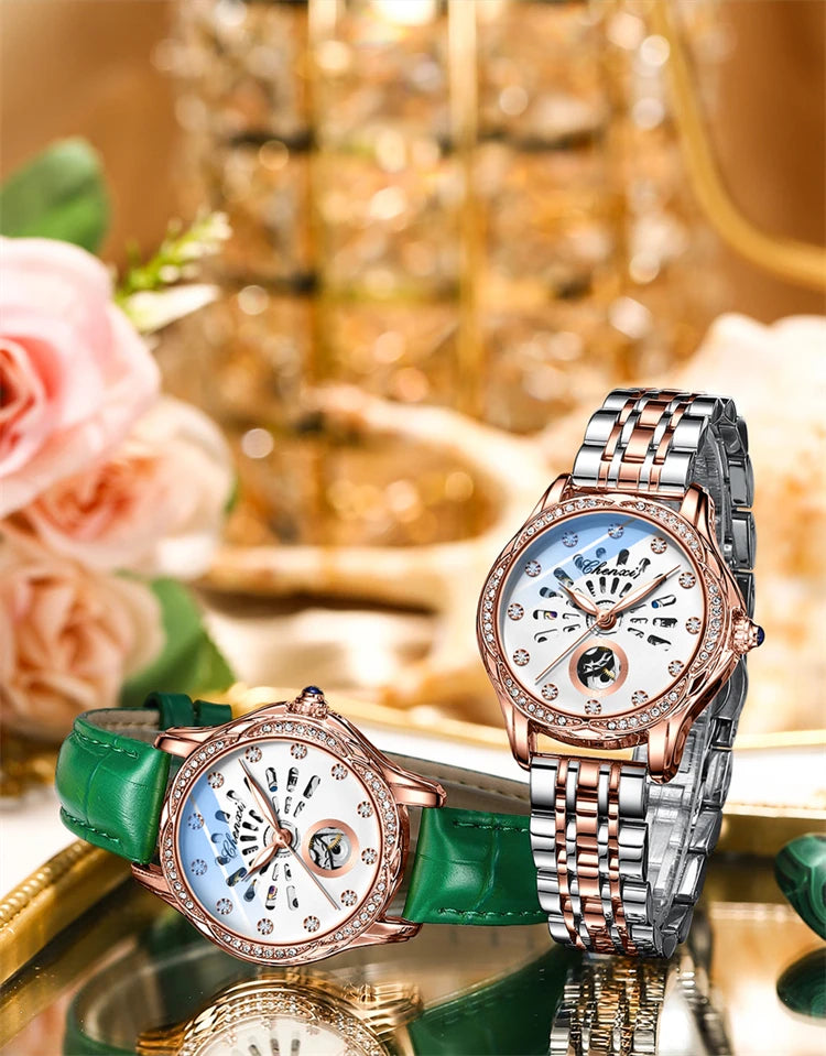 Stainless Steel Hollowed Out Automatic Diamond Waterproof Luminous Watch for Women