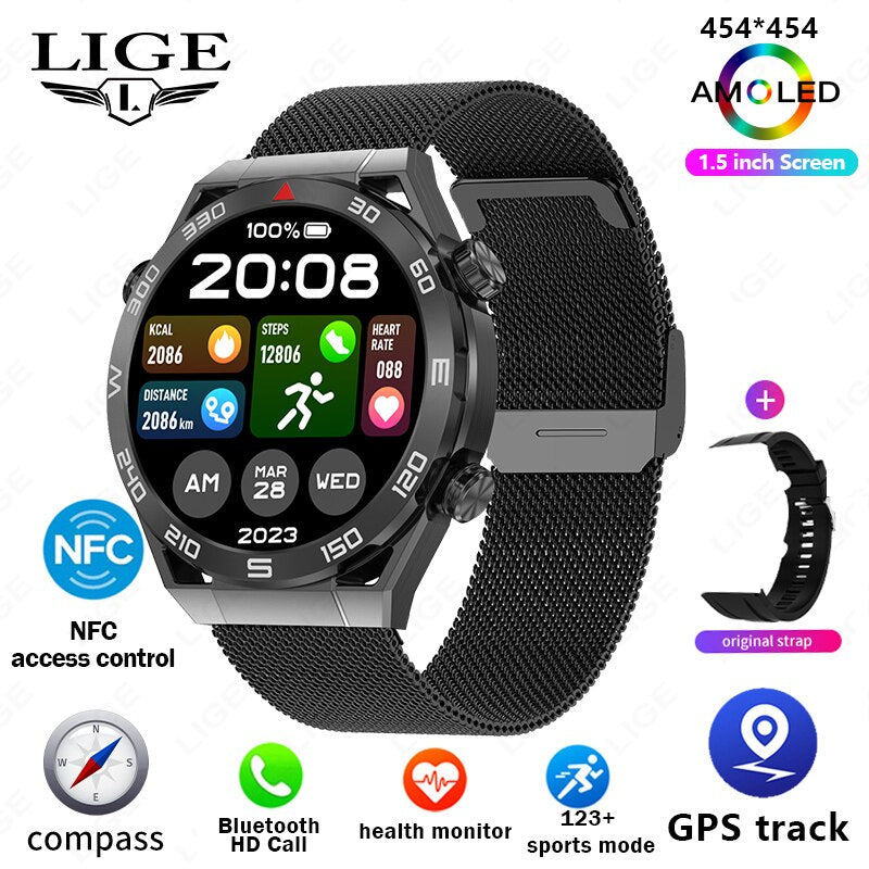 GPS Smart Watch with Voice Calling, NFC, Compass, IP68 Waterproof, ECG+PPG For Men.