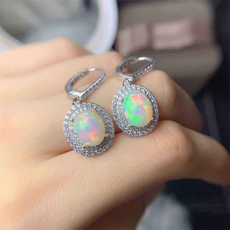 925 Silver Natural Opal Drop Earrings 8mm*10mm for Women