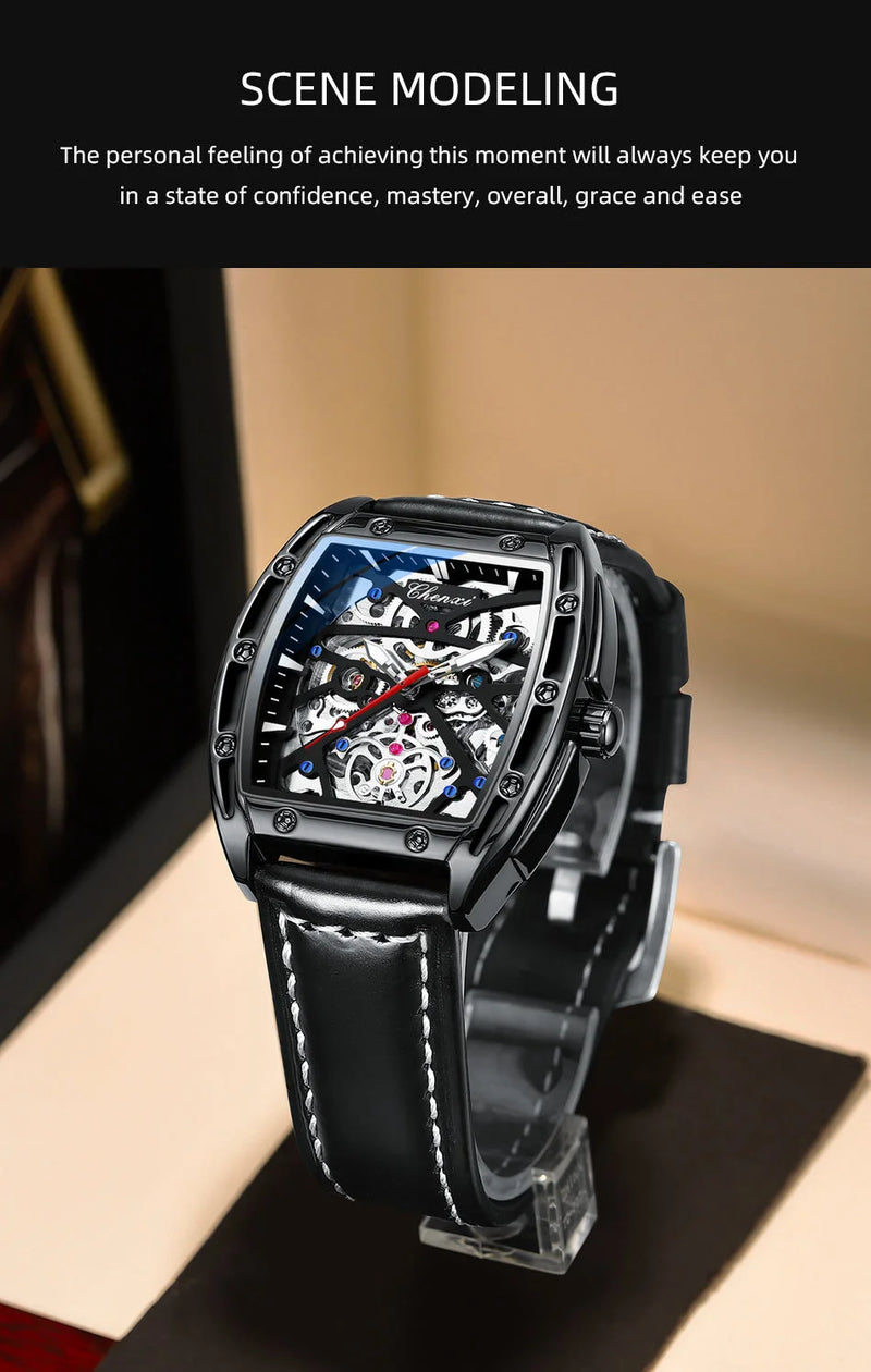 Stainless Steel Leather Barrel Shaped Mechanical Sport Watch for Men