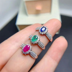 925 Silver Natural Sapphire, Emerald & Ruby Ring for Women