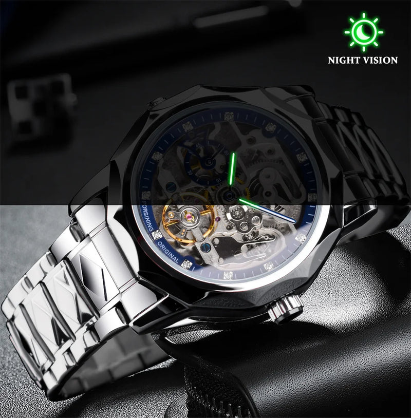 Stainless Steel Skeleton Transparent Automatic Mechanical Watch for Men