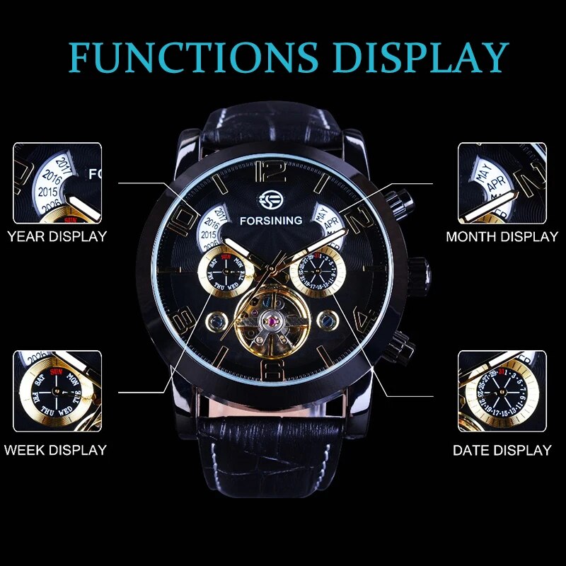 Stainless Steel Leather Strap Skeleton Flywheel Tourbillon Calendar Wristwatch for Men