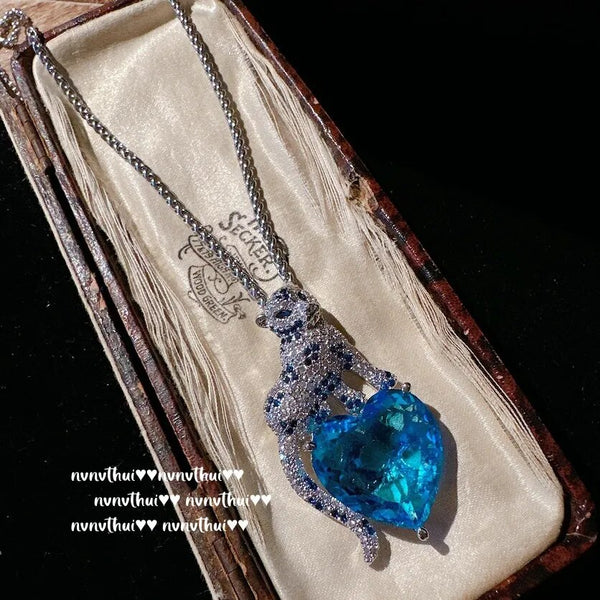 Silver Heart Pendant Necklace with Blue CZ for Women