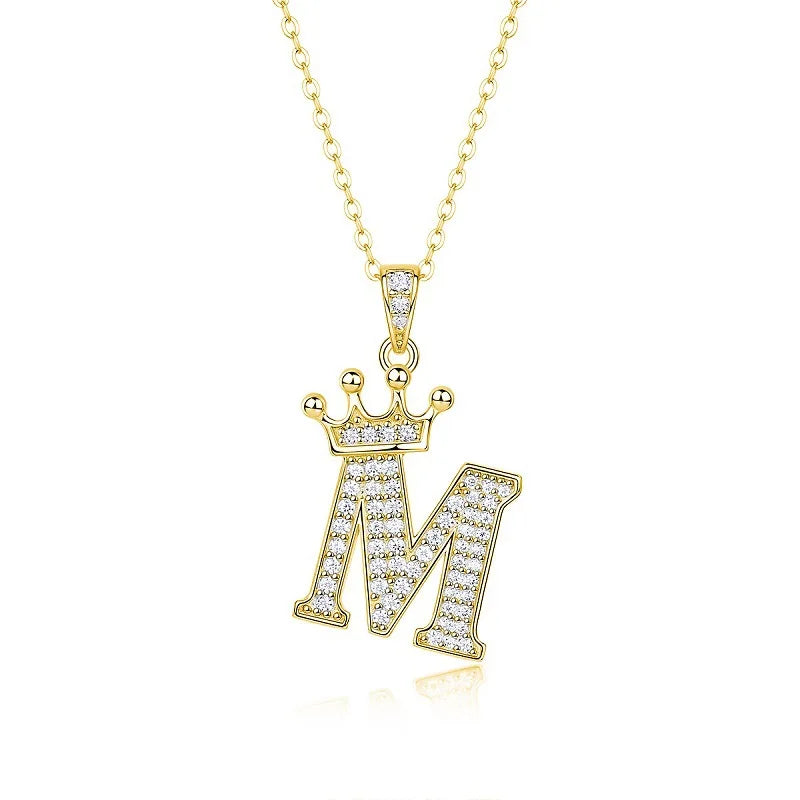 925 Sterling Silver Moissanite Diamonds Letters Crown Pendant Necklace