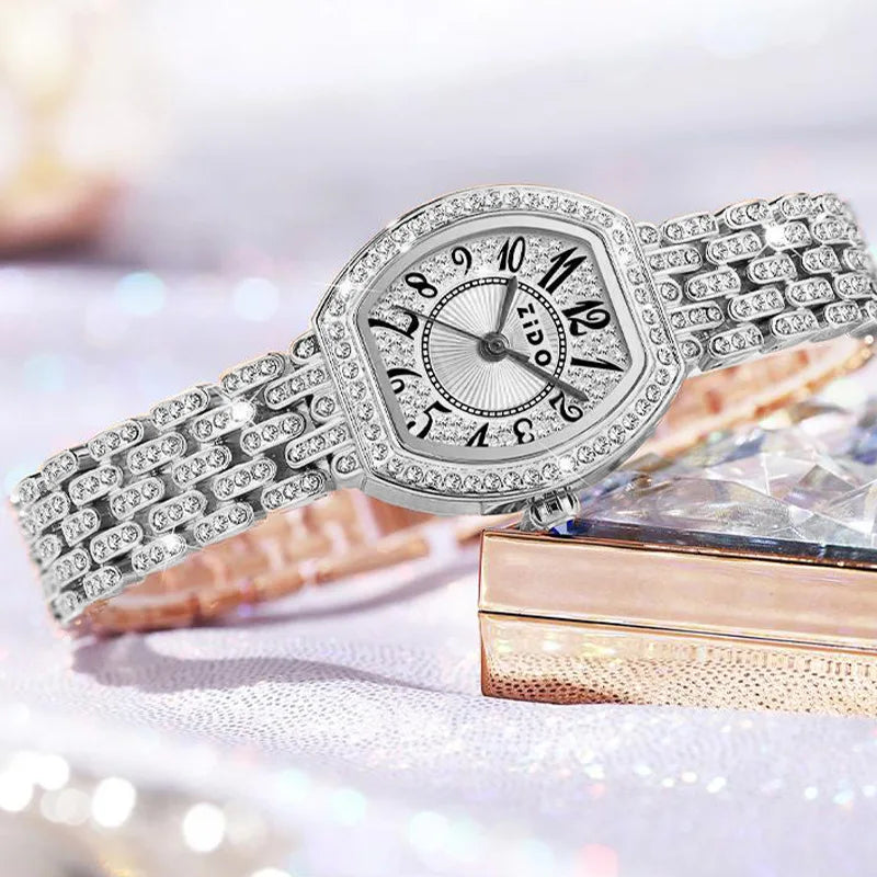 Silver Diamond-inlaid Barrel Shaped Digital Watch for Women