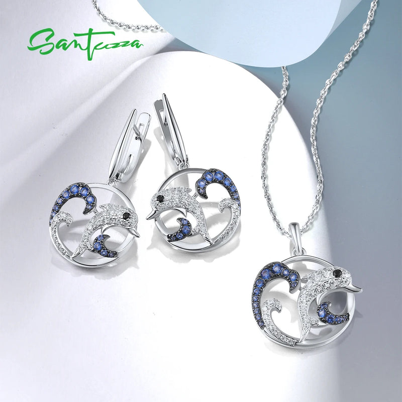 Sterling Silver Blue White CZ Dolphin Earrings & Pendant Set for Women