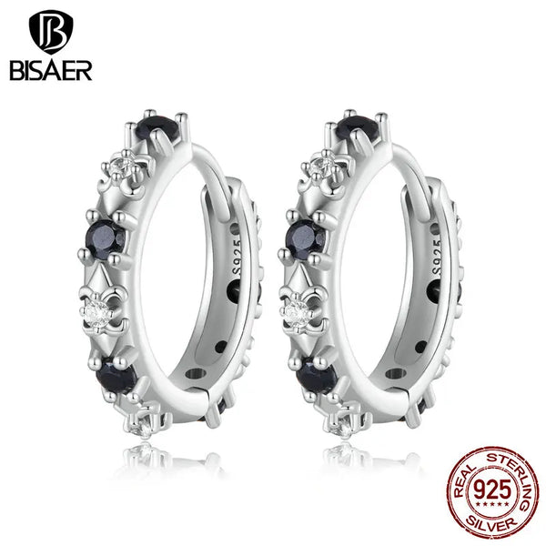 Sterling Silver Black Zircon Onyx Iris Flower Hoop Earrings for Women