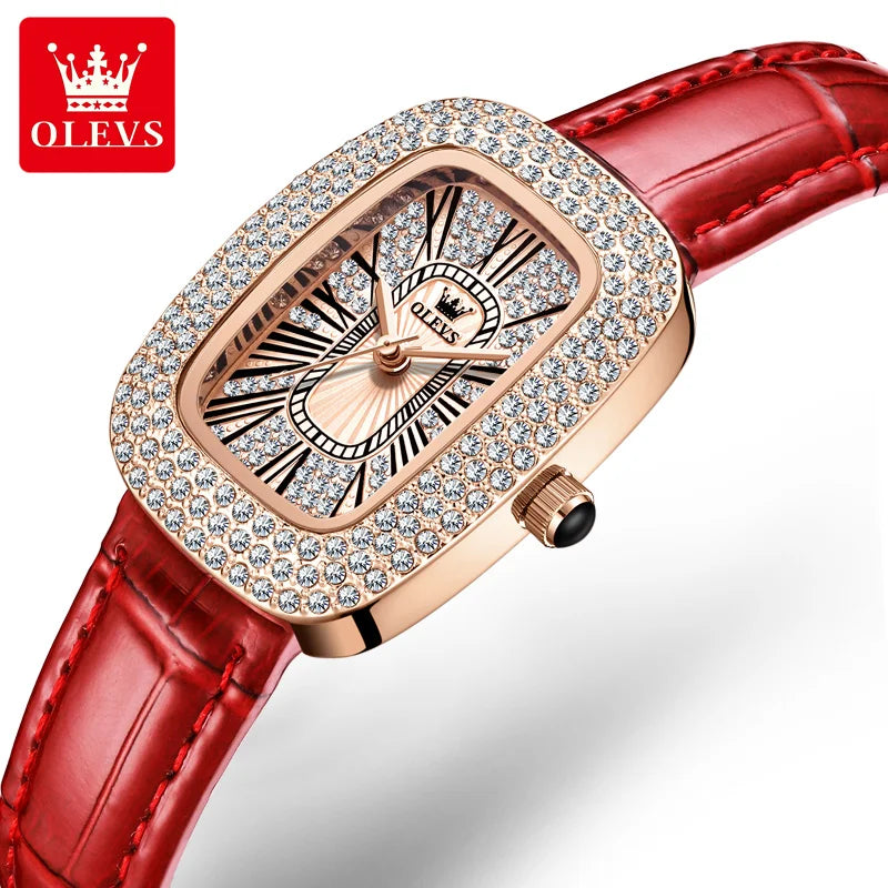 OLEVS 9940 New Quartz Watch for Women Luxury Full Diamond Dial Wristwatch Waterproof Green Leather Strap Fashion Women Watches