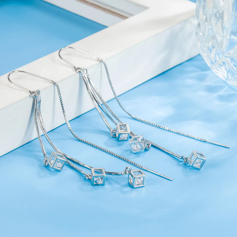 925 Sterling Silver Square Crystal Drop Earrings for Women