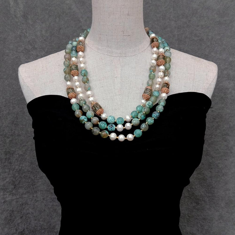 Sterling Silver 3 Rows Freshwater Cultured White Pearl Green Agate 0.50 ctw Dzi Agate Necklace for Women