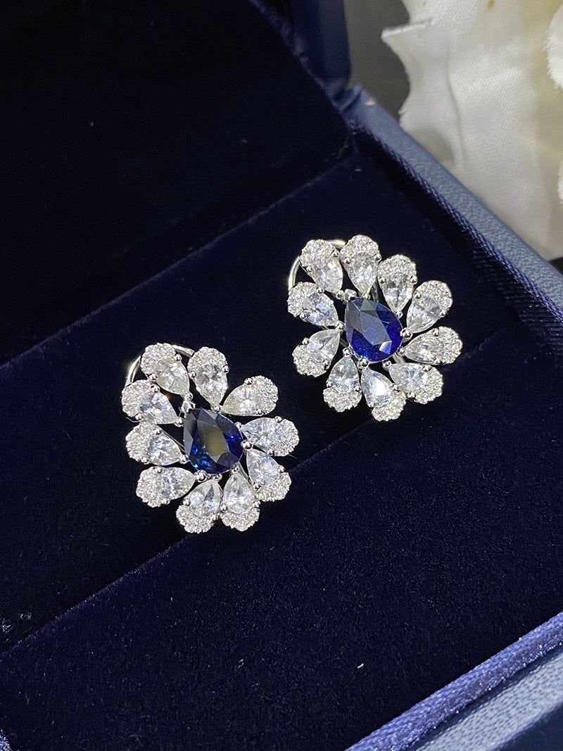 18K White Gold Blue Sapphire Flower Earrings for Women