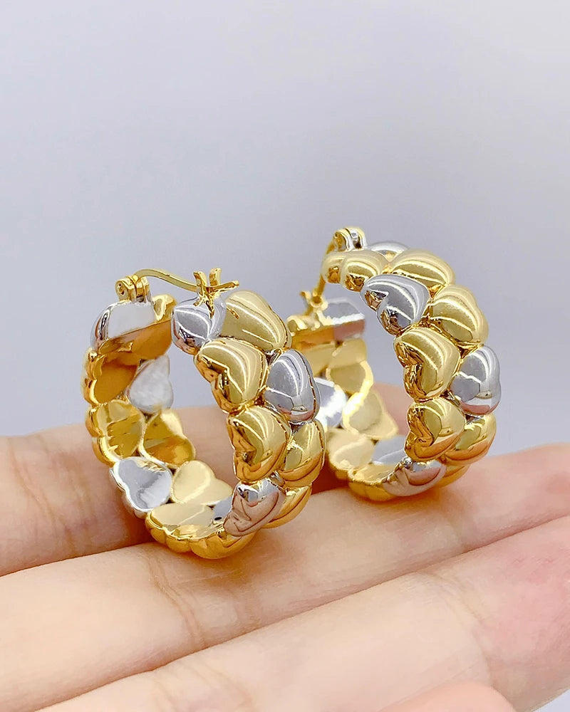 18K White and Yellow Gold Romantic Heart Hoop Earrings for Women