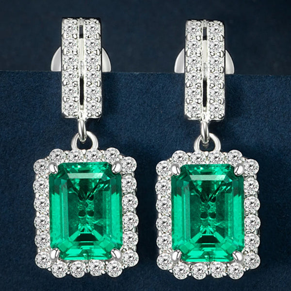 Wong Rain Vintage 100% 925 Sterling Silver 6*8 MM Emerald High Carbon Diamond Gemstone Drop Earrings Fine Jewelry Wedding Gifts