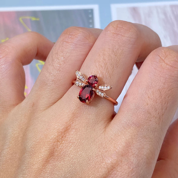 925 Sterling Silver Red Garnet Bee Ring for Women