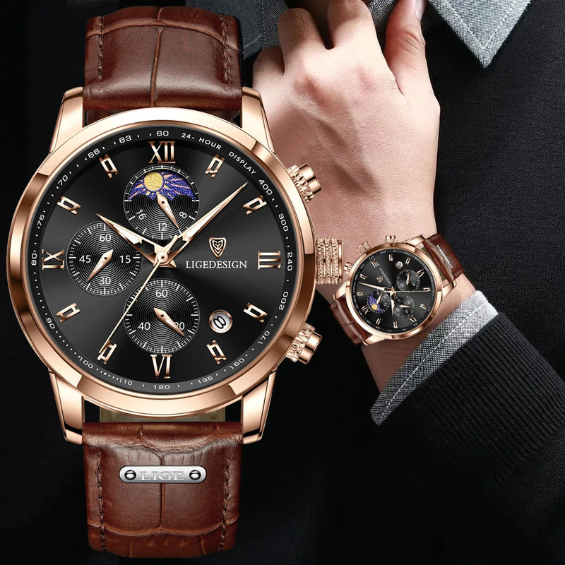 Luxury Men's Fashion Watch with Leather Strap and Waterproof Chronograph Features