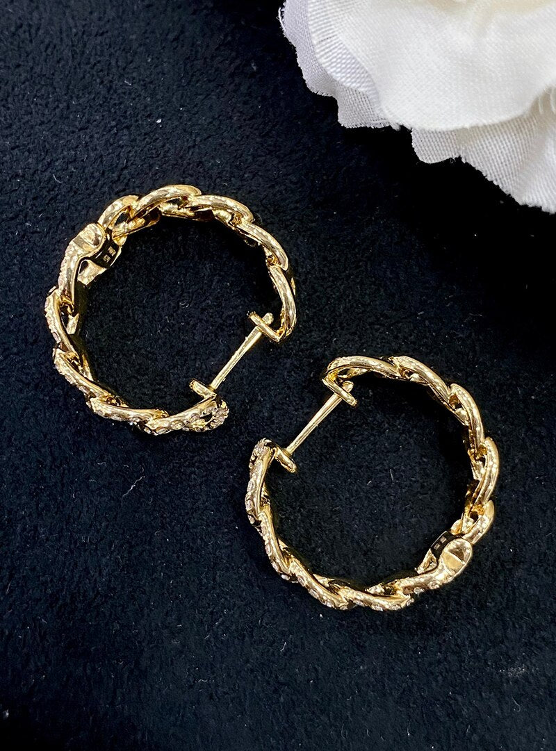 18K Yellow Gold Diamond Cuban Chain Earrings for Women