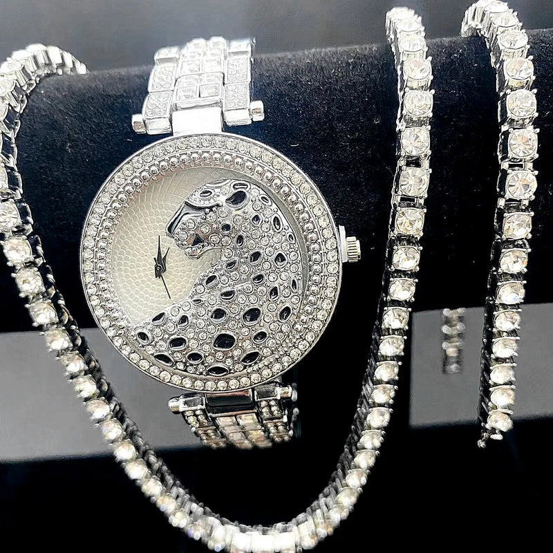 Stainless Steel Iced Out Watch, Tennis Chain Bracelet, and Necklace Set for Women