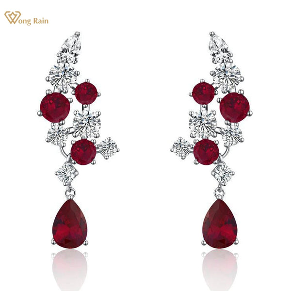 925 Sterling Silver, Pear Cut 4CT Ruby & Sapphire, High Carbon Diamond Gemstone Drop Earrings