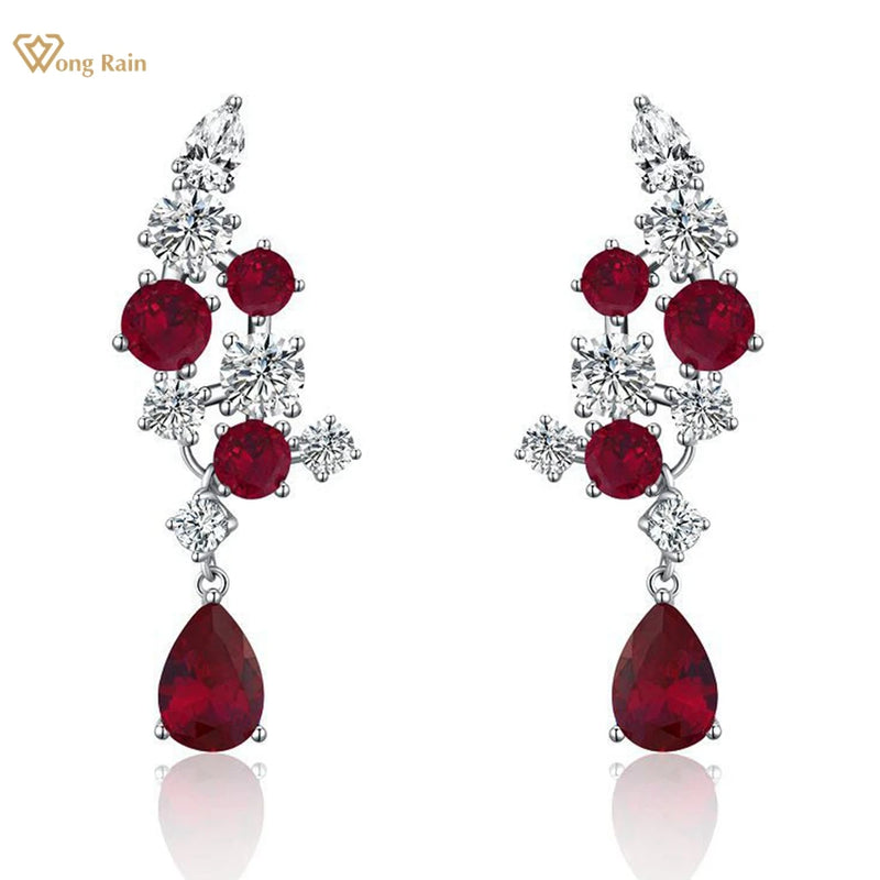 925 Sterling Silver, Pear Cut 4CT Ruby & Sapphire, High Carbon Diamond Gemstone Drop Earrings