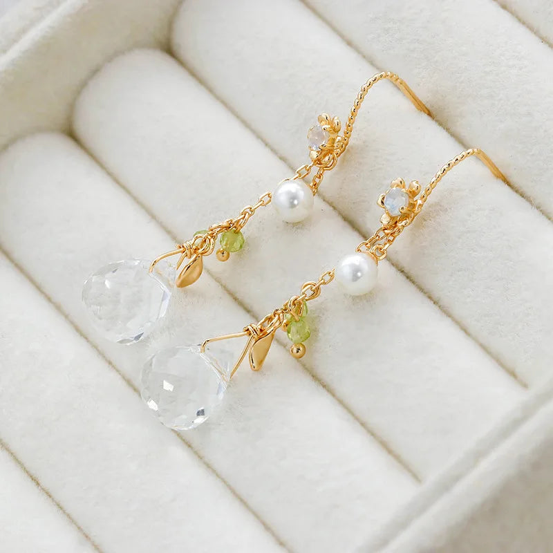 925 Sterling Silver Gold Plated Moonstone Dangle Earrings for Women