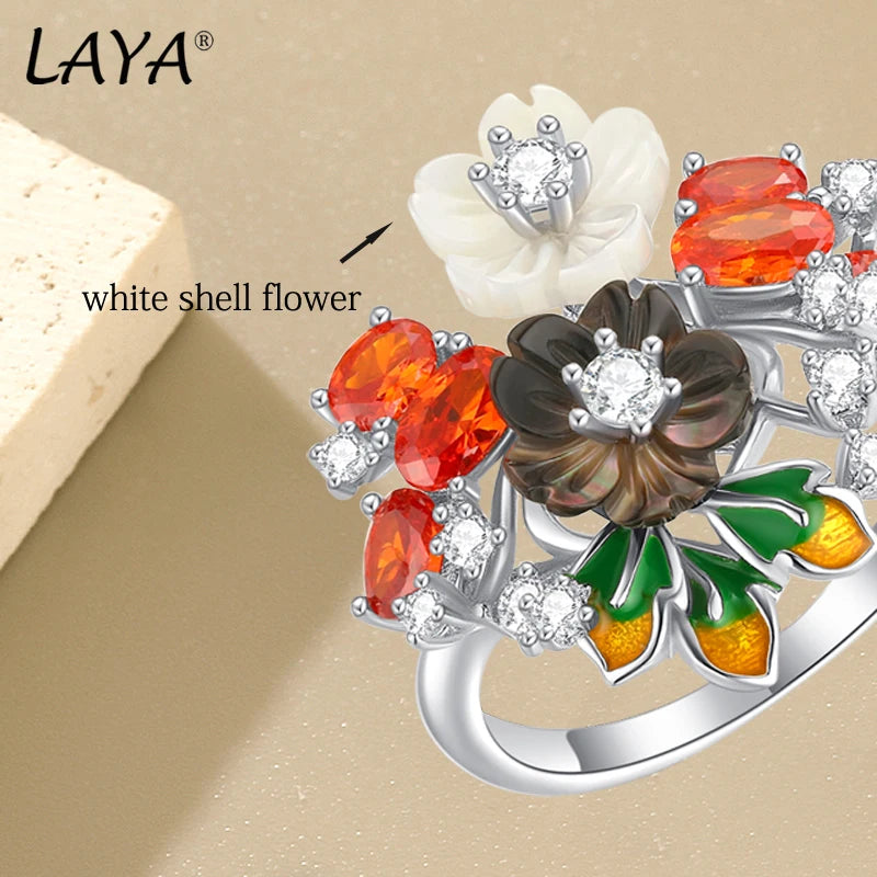 925 Sterling Silver White Black Flower Zircon Enamel Ring for Women