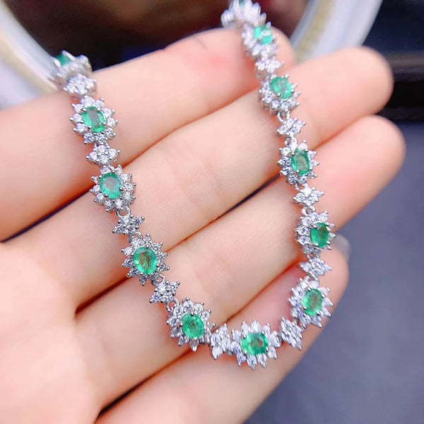 S925 Sterling Silver 3*4 Natural Emerald Flower Pattern Bracelet for Women