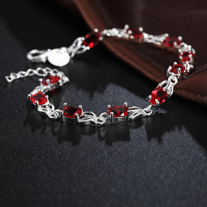 Sterling Silver Wild Red Crystal Chain Bracelet for Women