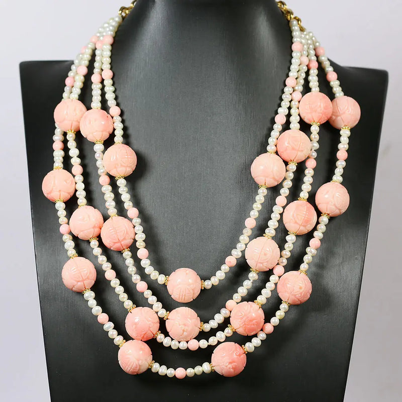 Sterling Silver Natural White Pearl Pink Coral Beaded Necklace Bracelet Earrings Sets for Lady