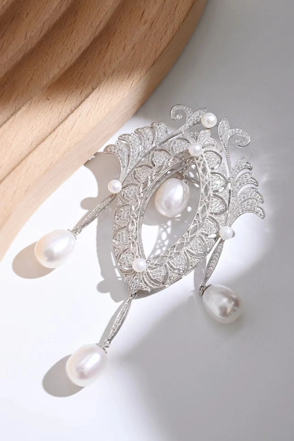 925 Sterling Silver Freshwater Pearl White Sapphire Diamond Brooches for Engagement