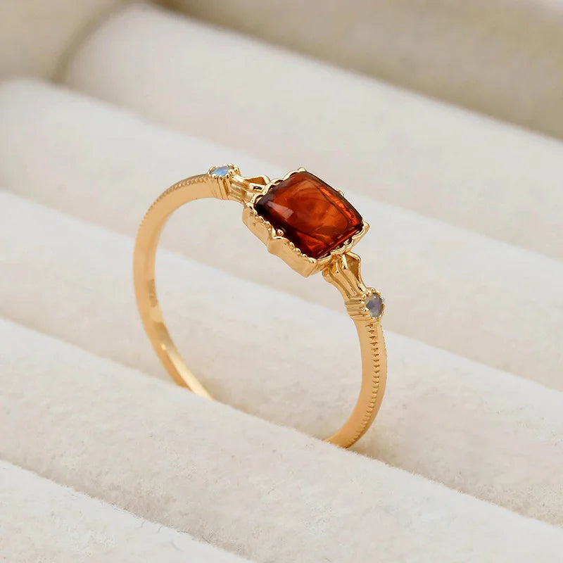 925 Sterling Silver Gold Vermeil Synthetic Amber Square Ring for Women