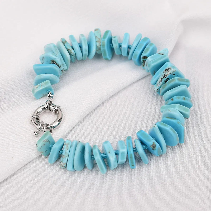 Sterling Silver Blue Turquoise Disc Square Slice Gemstone Bracelet for Women