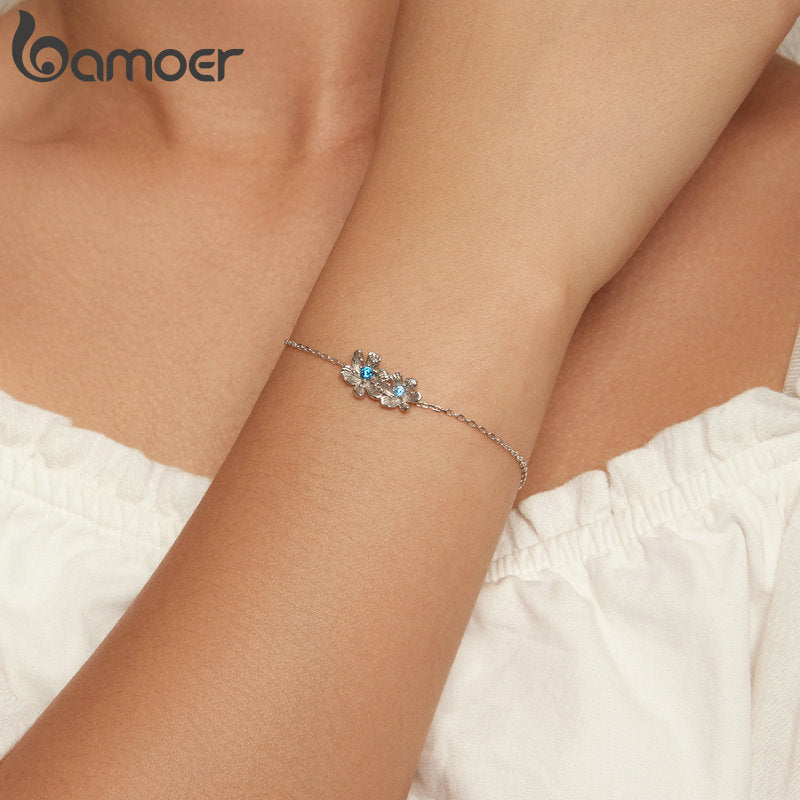 925 Sterling Silver Blue Zircon Flower Bracelet for Women