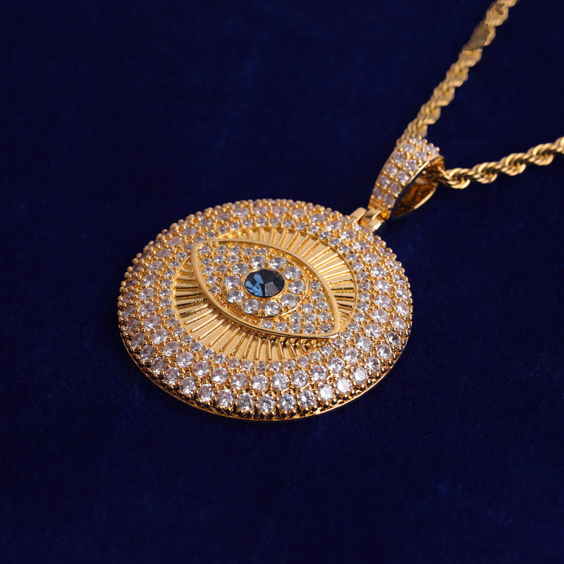 Gold Plated Bubble Letter Evil Eye Iced Out Pendant Necklace for Men