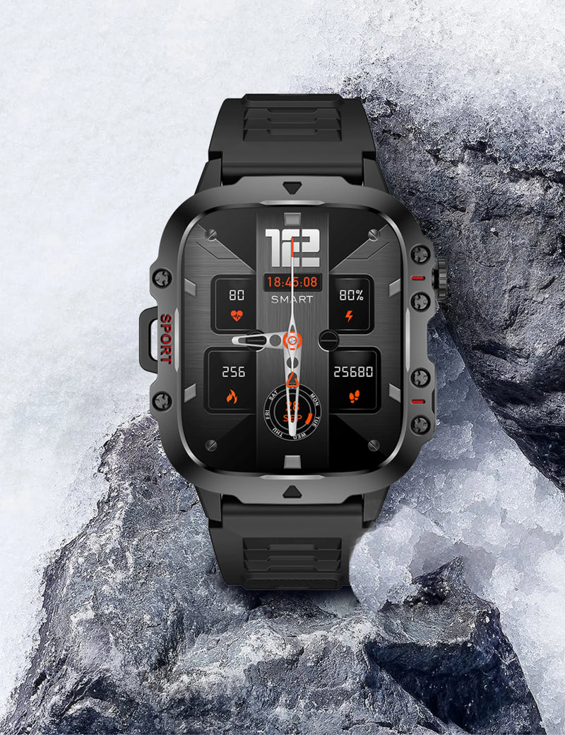 Rugged Military-Style Fitness Smart Watch for Android & IOS, Featuring 3ATM Waterproofing, Sport Functionality, and AI Voice Calling - Ideal for Outdoor Adventures