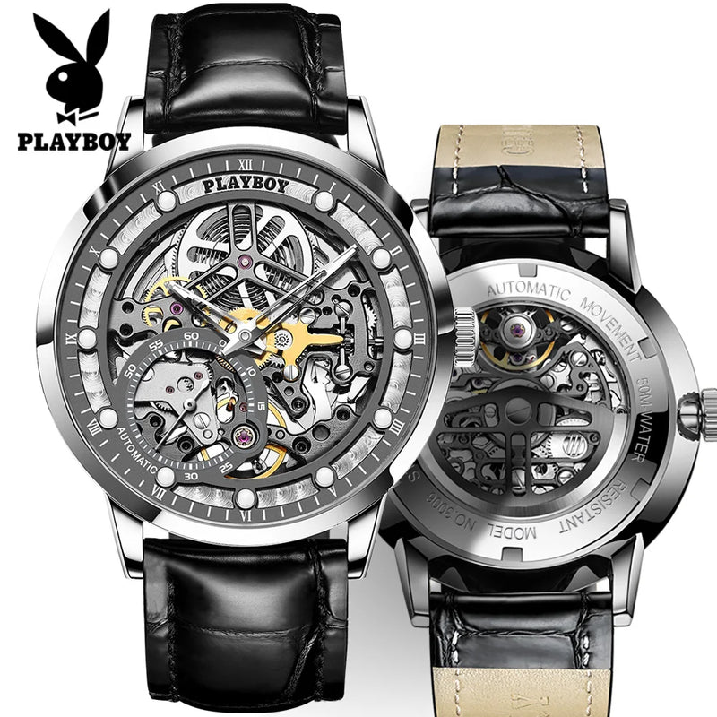 Stainless Steel Leather Strap Skeleton Automatic Mechanical Watch for Men