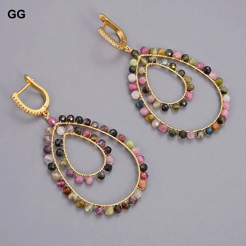 Sterling Silver Natural Teardrop Multi Color Tourmaline CZ Pave Lever Back Dangle Earrings for Women